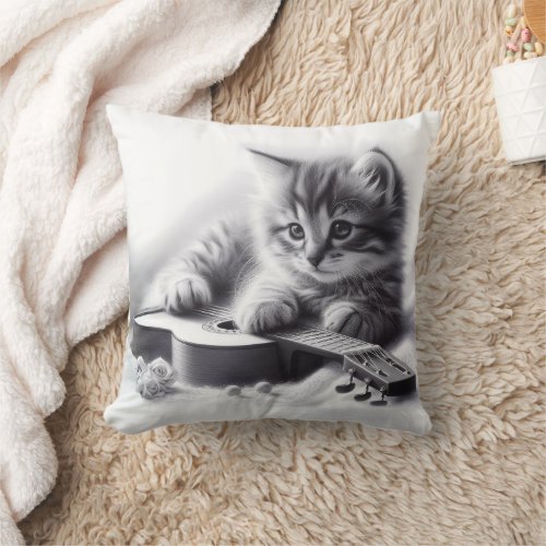 Cute Kitten Acoustic Guitar and Blanket Pencil  Throw Pillow