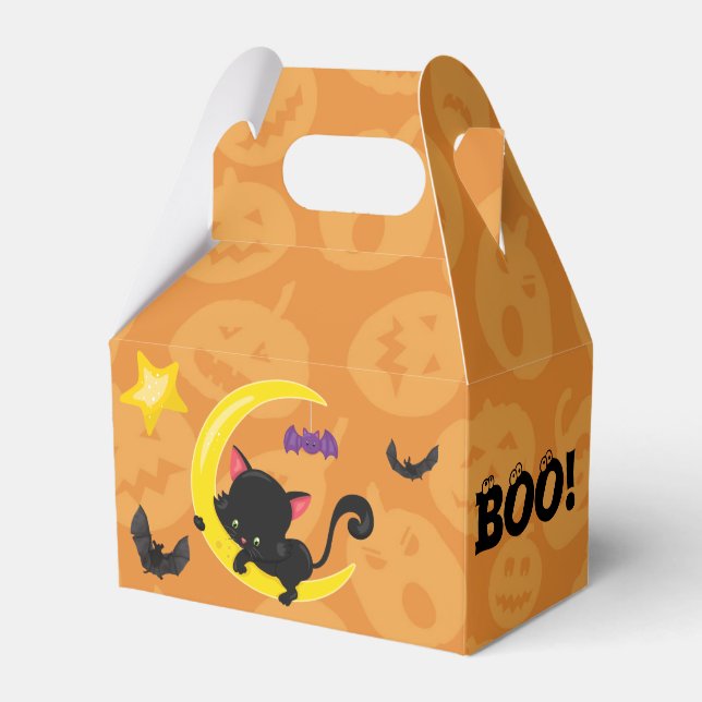 Cute Kitten and Bats Kids Halloween Favor Boxes (Front Side)