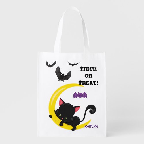 Cute Kitten and Bats Kids Halloween Trick or Treat Grocery Bag
