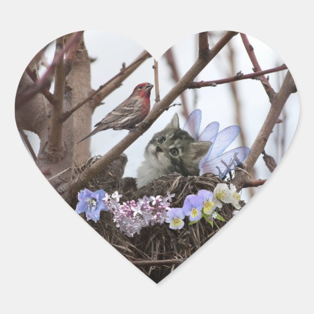 Cute kitten and bird nest heart sticker (Front)