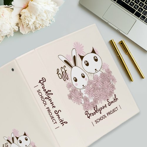 Cute Kitten and Bunny Animal Friends Girls Kids 3 Ring Binder