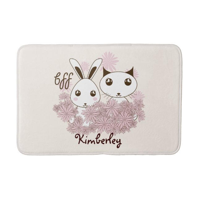 Cute Kitten and Bunny Animal Friends Girls Kids Bathroom Mat (Front)