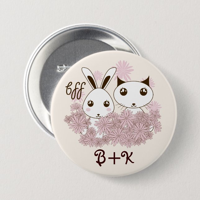 Cute Kitten and Bunny Animal Friends Girls Kids Button (Front & Back)