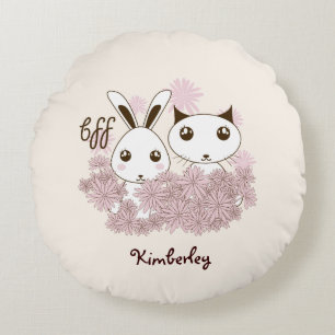 Cute Kitten and Bunny Animal Friends Girls Kids Round Pillow