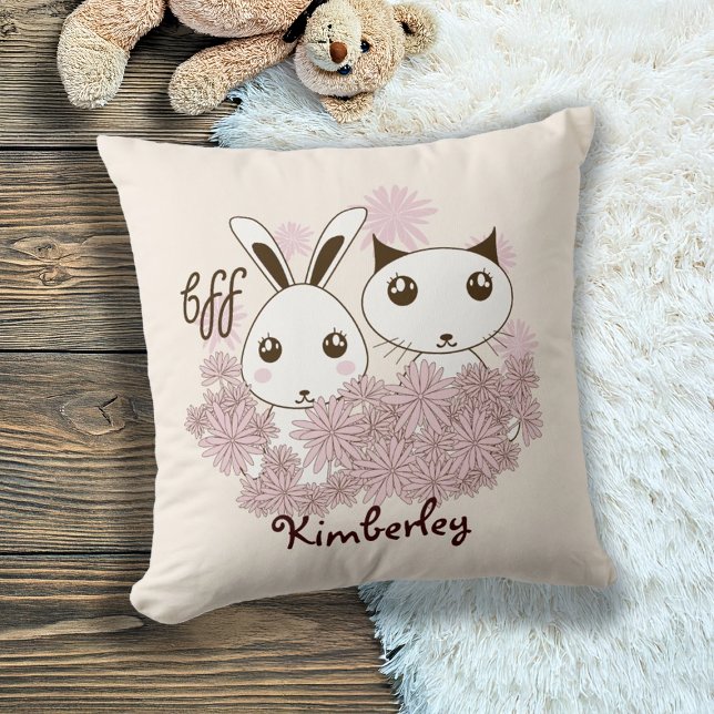 Cute Kitten and Bunny Animal Friends Girls Kids Throw Pillow (Creator Uploaded)