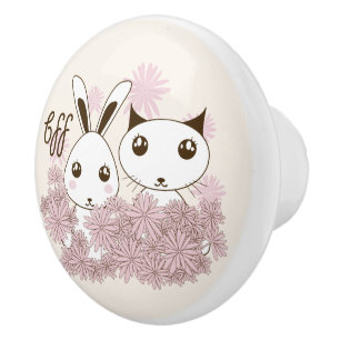 Cute Kitten and Bunny Animal Friends Kids Ceramic Knob