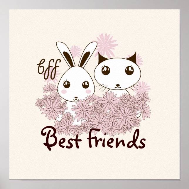 Cute Kitten and Bunny Animal Friends Kids Room Poster (Front)