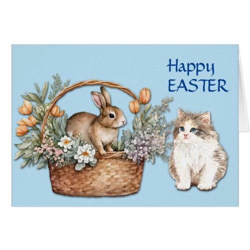 Cute Kitten and Bunny Basket Easter Card