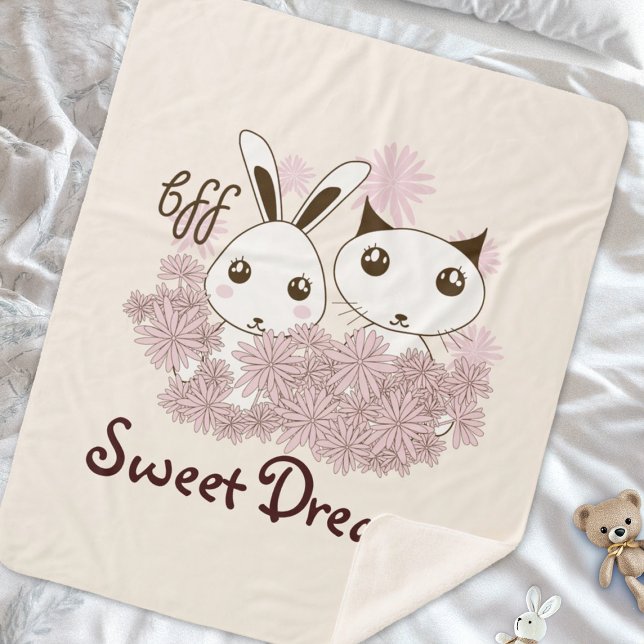 Cute Kitten and Bunny Best Friends Kids Girls Sherpa Blanket (Creator Uploaded)