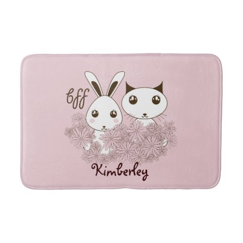 Cute Kitten and Bunny Friends Forever Girl Pink Bath Mat