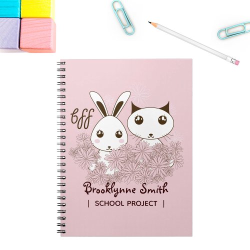 Cute Kitten and Bunny Friends Forever Girl Pink Notebook