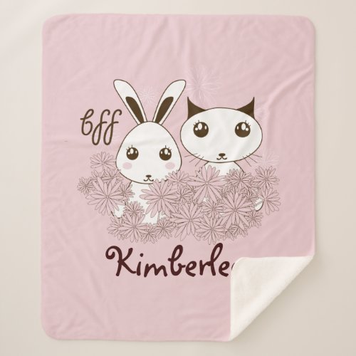 Cute Kitten and Bunny Friends Forever Girl Pink Sherpa Blanket