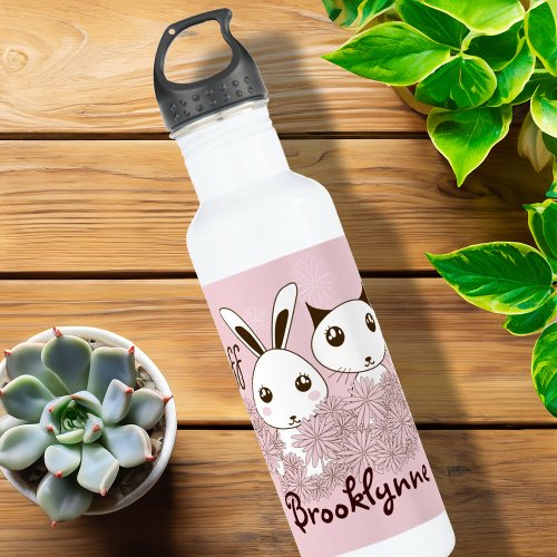 Cute Kitten and Bunny Friends Forever Girl Pink Stainless Steel Water Bottle