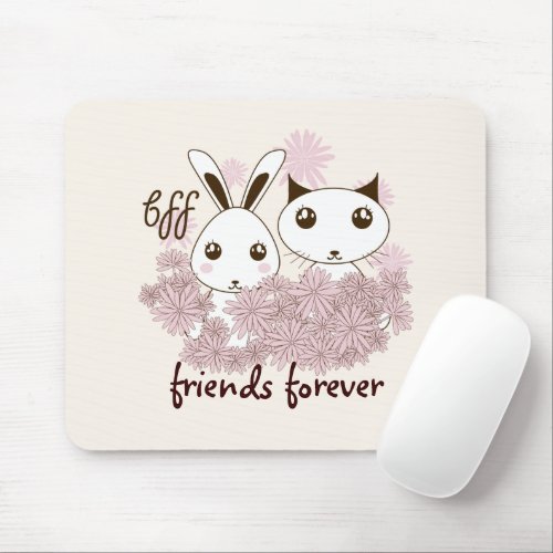 Cute Kitten and Bunny Kids Friends Forever Girl Mouse Pad