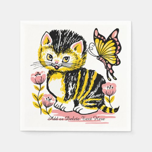Cute Kitten and Butterfly in Flowers Paper Napkins