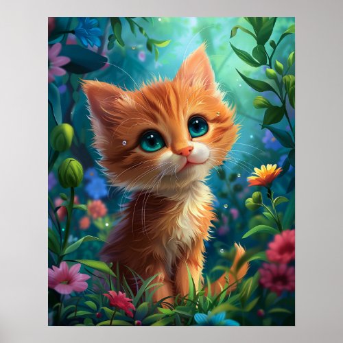 Cute Kitten and Flowers Poster