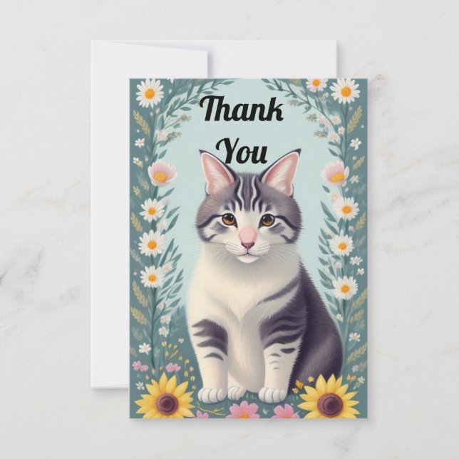 Cute Kitten And Flowers  Thank You Card (Front)