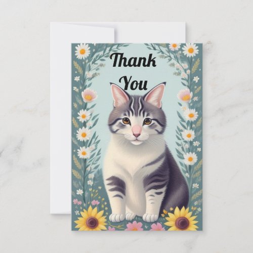 Cute Kitten And Flowers  Thank You Card