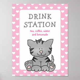 Cute Kitten and Hearts Drink Station Baby Shower Poster