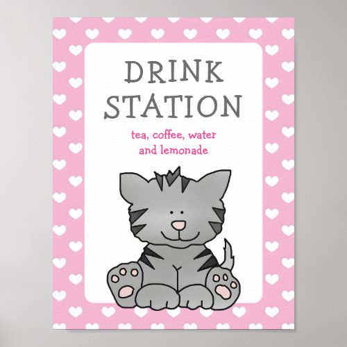 Cute Kitten and Hearts Drink Station Baby Shower Poster