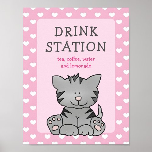 Cute Kitten and Hearts Drink Station Baby Shower Poster