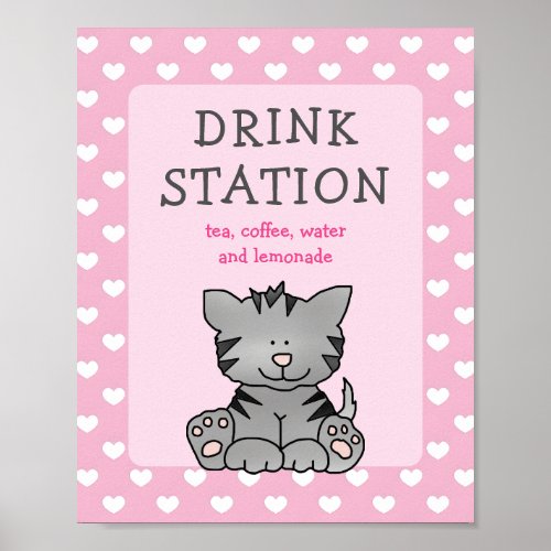 Cute Kitten and Hearts Drink Station Baby Shower Poster