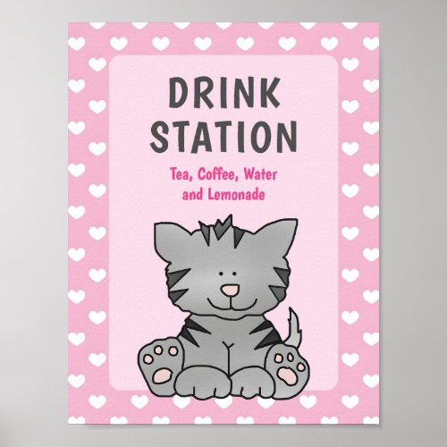 Cute Kitten and Hearts Drink Station Baby Shower Poster