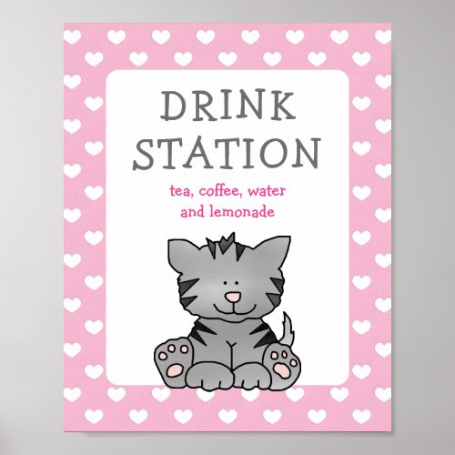 Cute Kitten and Hearts Drink Station Baby Shower Poster