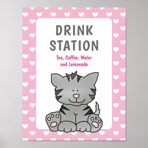 Cute Kitten and Hearts Drink Station Baby Shower Poster