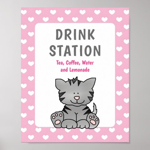 Cute Kitten and Hearts Drink Station Baby Shower Poster