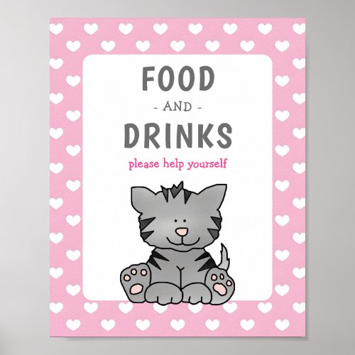 Cute Kitten and Hearts Food and Drinks Baby Shower Poster