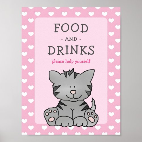 Cute Kitten and Hearts Food and Drinks Baby Shower Poster