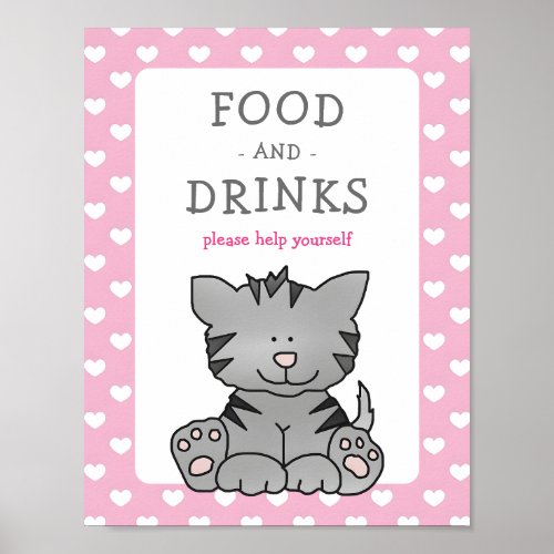Cute Kitten and Hearts Food and Drinks Baby Shower Poster