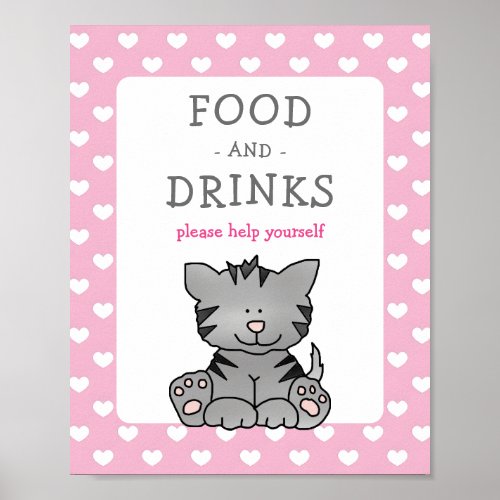 Cute Kitten and Hearts Food and Drinks Baby Shower Poster