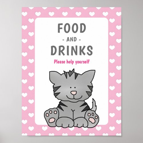 Cute Kitten and Hearts Food and Drinks Baby Shower Poster