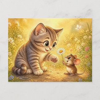 Cute Kitten and Mouse Friendship Greeting Postcard