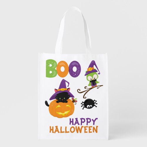 Cute Kitten and Owl Halloween Trick or Treat Grocery Bag