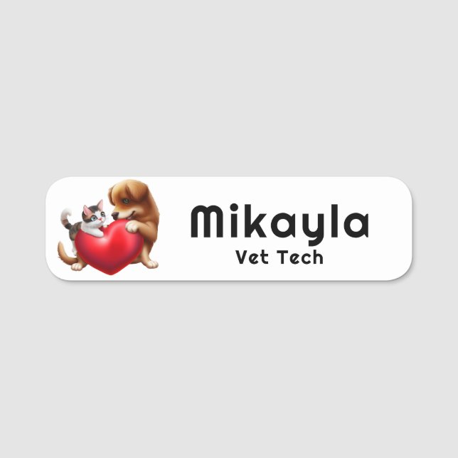 Cute Kitten and Puppy and Heart Name Tag (Front)