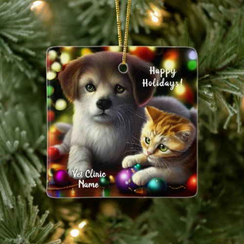Cute Kitten and Puppy Christmas Ceramic Ornament