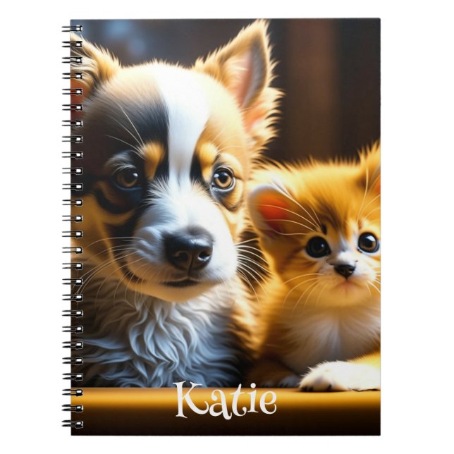 Cute Kitten and Puppy Personalized Notebook (Front)
