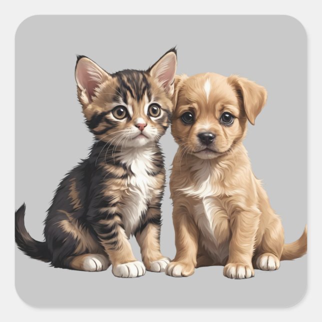 Cute kitten and puppy square sticker (Front)