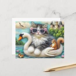 Cute Kitten and Squirrel Woolen Swan Boat Postcard