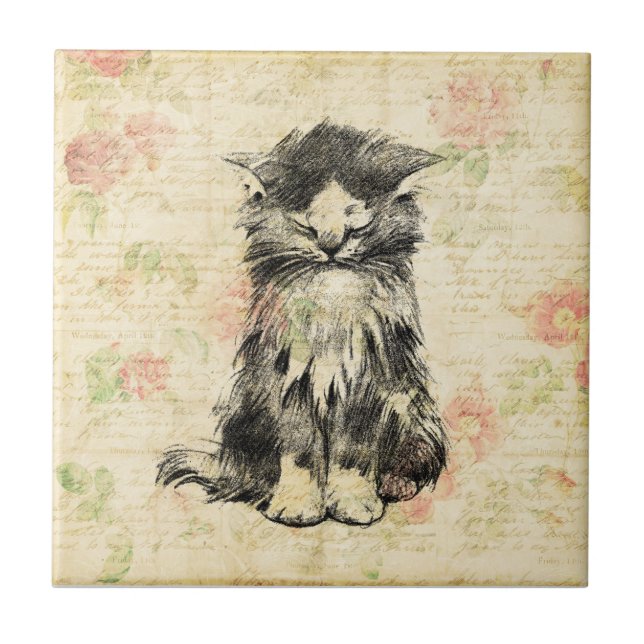 Cute Kitten Antique Cat with Floral Flower Design Ceramic Tile (Front)