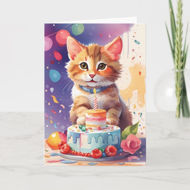 Cute Kitten at Party with Cake Card (Front)