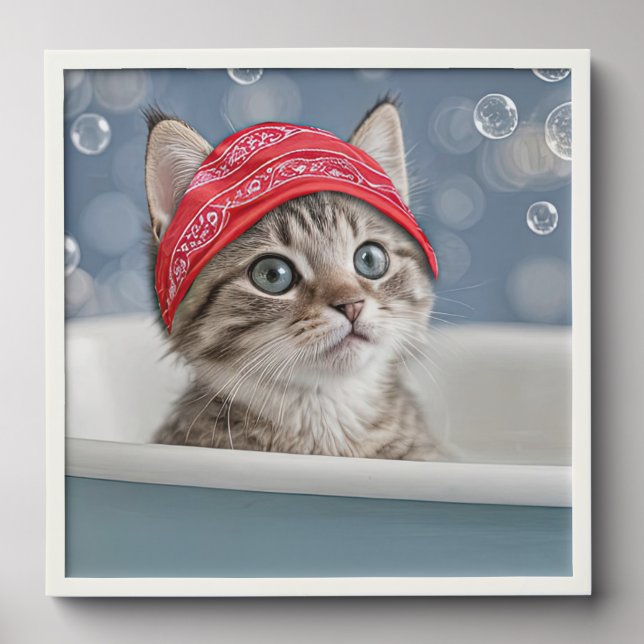 Cute Kitten Bathroom Art with Bubble Bath  Peel And Stick Photo Tile (Front Set)