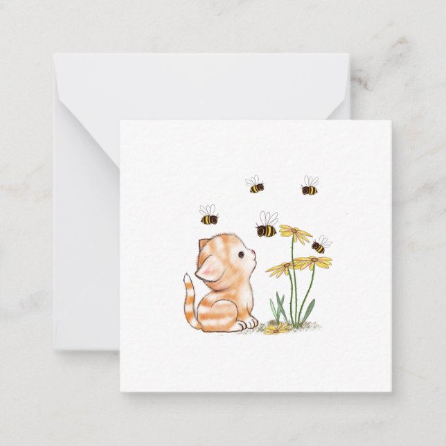 Cute Kitten Bees Flower Blank Note Cards (Front)