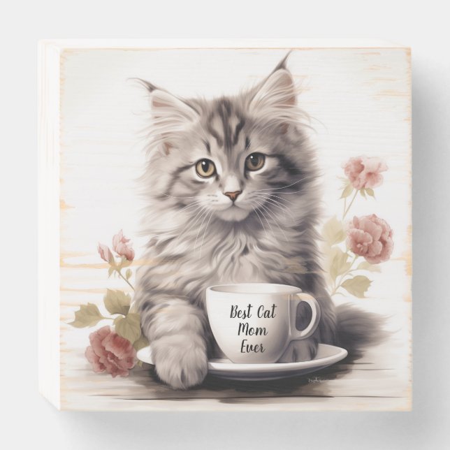 Cute Kitten Best Cat Mom Ever  Wooden Box Sign (Front Horizontal)