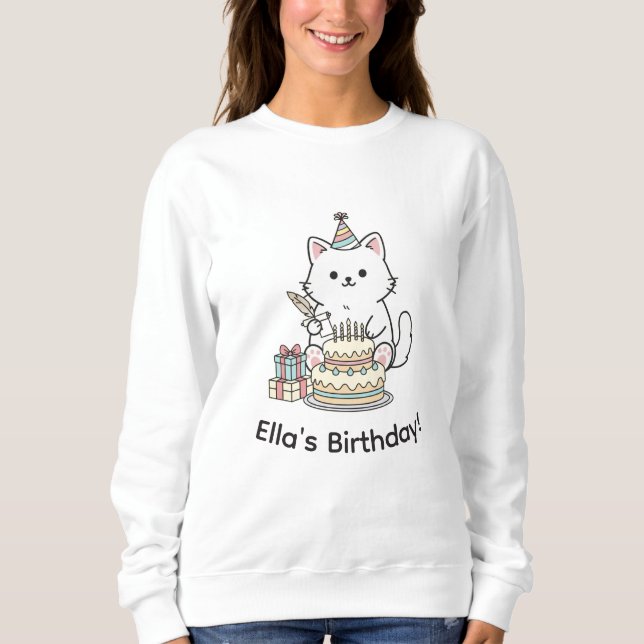 Cute Kitten Birthday Cake Party Hat Illustration Sweatshirt (Front)