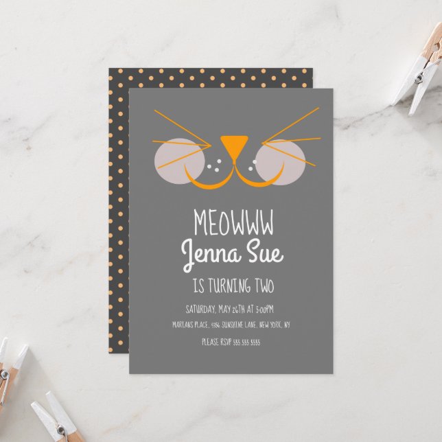 Cute Kitten Birthday Party Gray Cat Invitation (Front/Back In Situ)