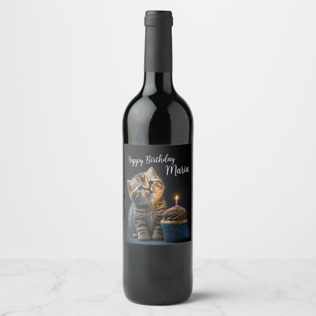 Cute Kitten Birthday Wishes Wine Label (Front)